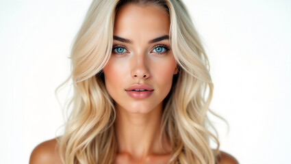 Fototapeta premium A blonde woman with captivating blue eyes, exuding natural beauty and confidence against a bright, clean background