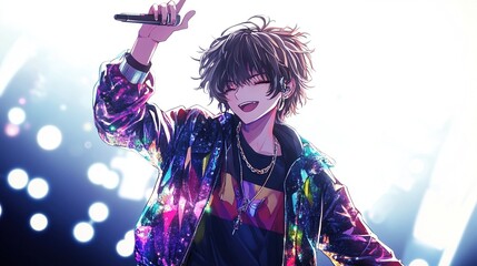 Joyful male anime singer performing on stage.