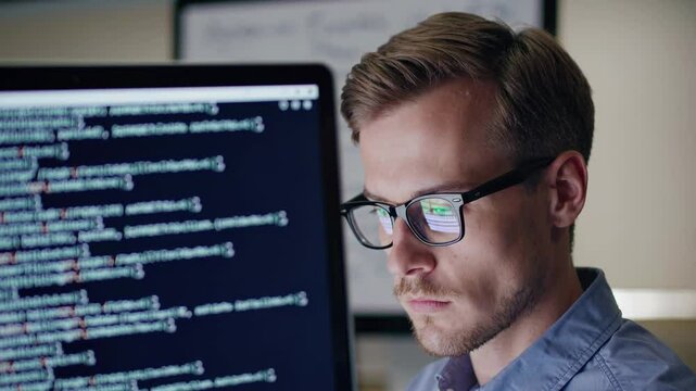 Focused programmer debugging code in an illuminated office space during late night working hours