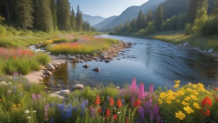 Mountain river with wildflowers in vibrant summer landscape