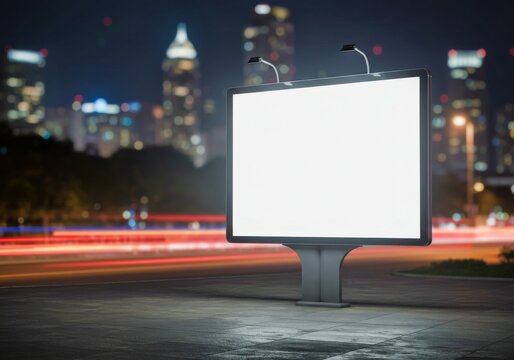 Panel publicitario en blanco, ciudad nocturna