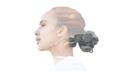 Woman, double exposure and sunset in nature for peace, thinking and mindfulness by mockup. Inner...