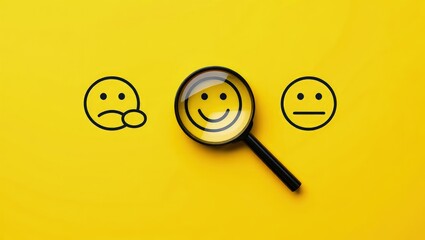 Customer review satisfaction feedback survey concept to gather insights and improve its services. A magnifying glass focuses on smile face among different feedback emoticons on yellow background
