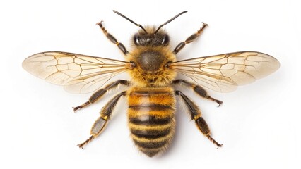 "Top-down view of a honeybee (Apis mellifera) isolated on a white background, carrying bright yellow pollen on its hind legs. The bee&rsquo;s detailed wings are spread slightly, with fine hair textures, str