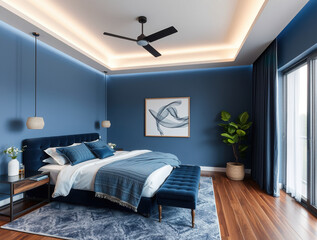 modern luxury bedroom interior blue color