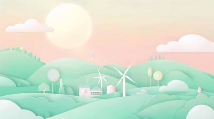Green Eco-Friendly City in Paper Cut-Out Style with Wind Turbines, Solar Panels, and Clean Emission Factories, Representing Renewable Energy, Sustainable Buildings, and a Clean, Minimalist Urban Lands