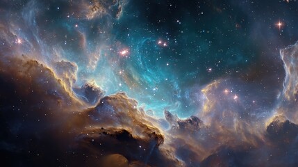 Fototapeta premium A stunning nebula illuminated with shades of blue and orange, showcasing distant stars and cosmic clouds. The vastness of space creates a mesmerizing perspective of the universe