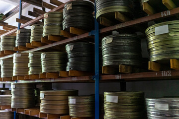Film reels stored on shelves in an archival facility