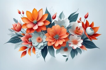 Orange and blue flowers in paper art style on light background