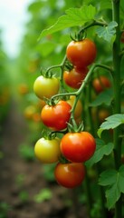 Fototapeta premium Mature tomato plants laden with ripening fruit, outdoor, organic