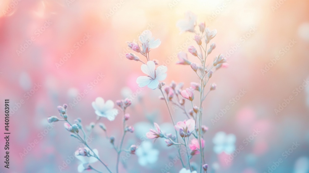 Poster delicate out-of-focus flowers bathed in soft pastel gradient light create a whimsical and dreamy atm
