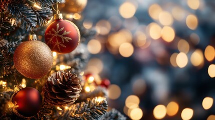 Obraz premium Festive Christmas tree adorned with ornaments and lights, creating a warm atmosphere