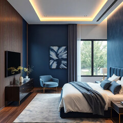 modern luxury bedroom interior blue color