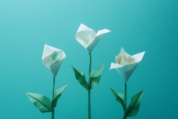 Elegant Origami Flowers Arranged on a Vibrant Teal Background Showcasing Intricate Paper Folding Techniques and Creativity