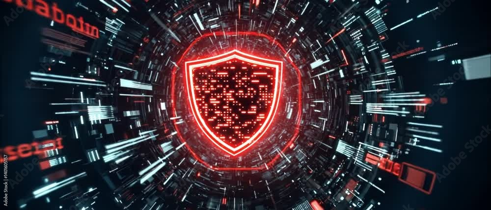 Poster cybersecurity shield: digital fortress in a data tunnel