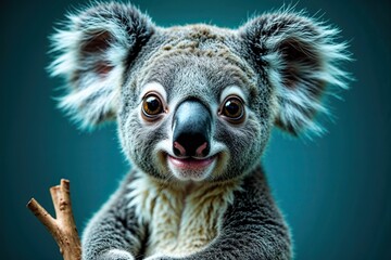 Adorable Baby Koala with Captivating Eyes and Awe-Inspiring Expression on Teal Background