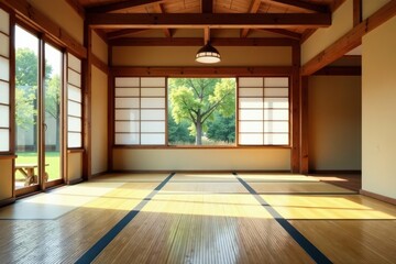 Bright dojo, polished wood floors, tatami mats, minimalist decor , floor, tatami, discipline