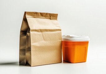 A brown paper bag and an orange plastic food container sit side-by-side on a white surface, suggesting a takeout meal