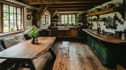 Fototapeta premium A warm and inviting rustic kitchen interior with wooden features