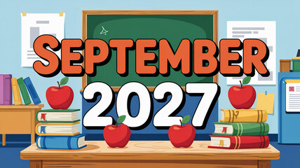 An illustration of a classroom setup, featuring 'september 2027' with books and apples, is displayed.