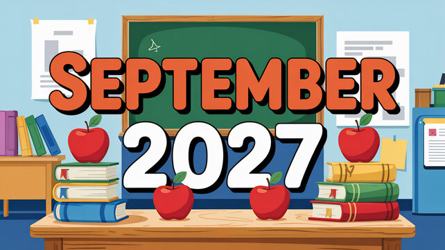 An illustration of a classroom setup, featuring 'september 2027' with books and apples, is displayed.