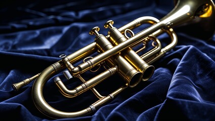 Obraz premium A beautiful golden trumpet rests on luxurious blue velvet, evoking a sense of music.