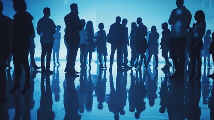 Silhouettes of Diverse Professionals on Reflective Floor with Gradient Blue Background, Depicting Business Networking, Team Collaboration, and Social Interaction in a Clean, Minimalist Corporate Event