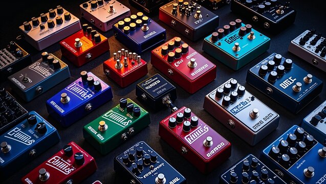 A comprehensive collection of guitar effects pedals in a variety of bright, colorful designs.
