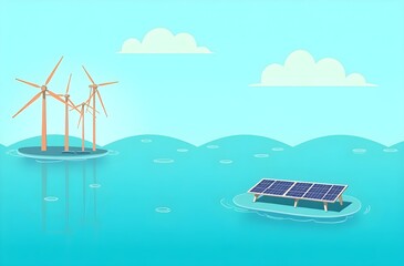 Obraz premium Flat design background with floating solar panels and water textures in turquoise, coral, and seafoam tones, ideal for sustainable energy infographics