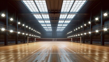 Empty professional volleyball court in lights 3d rendering