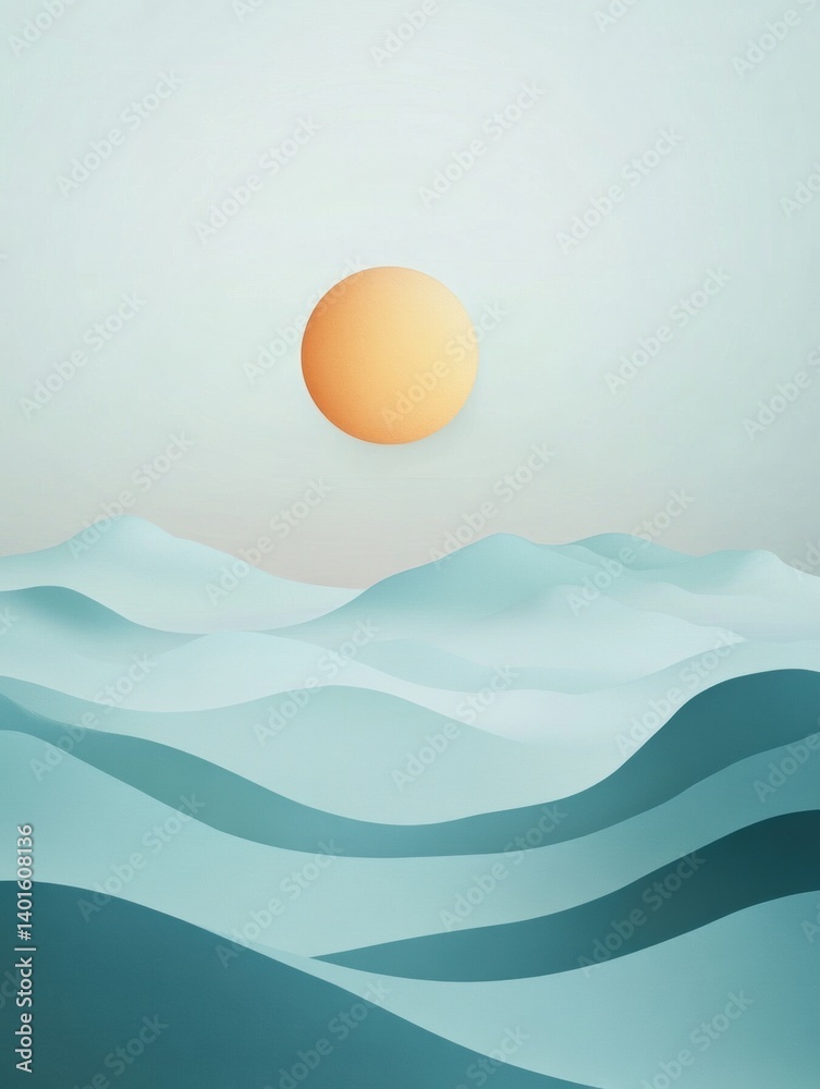Poster pastel moon over soft hill silhouettes creates a serene and calming atmosphere in a minimal illustra