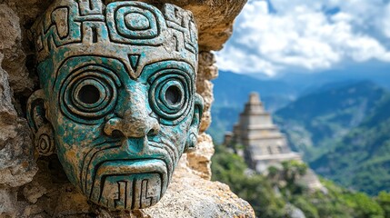 Ancient Mayan Mask Overlooking the Pyramid of Kukulkan
