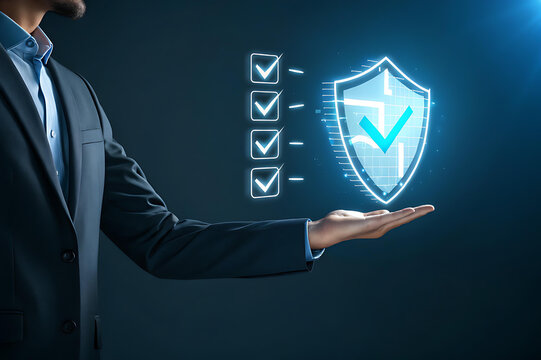 Businessman Presenting Digital Security Shield and Checklist