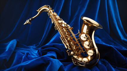 Obraz premium A lustrous golden saxophone rests gracefully on a bed of deep blue velvet fabric.