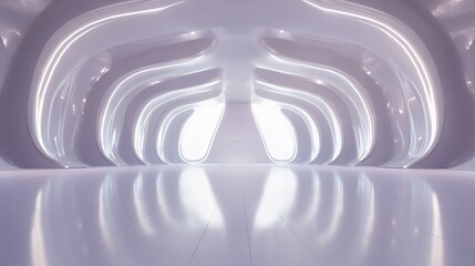 Obraz premium Abstract interior with curved shapes and reflections creating a futuristic tunnel effect.