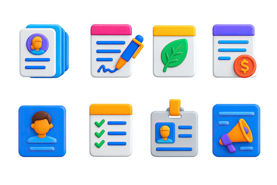 3D icon set of HR operations: resume stack, contract signing, leave request, payroll sheet, employee profile, onboarding checklist, ID badge, job posting. 3d icons. Generated icons set of 3d style in