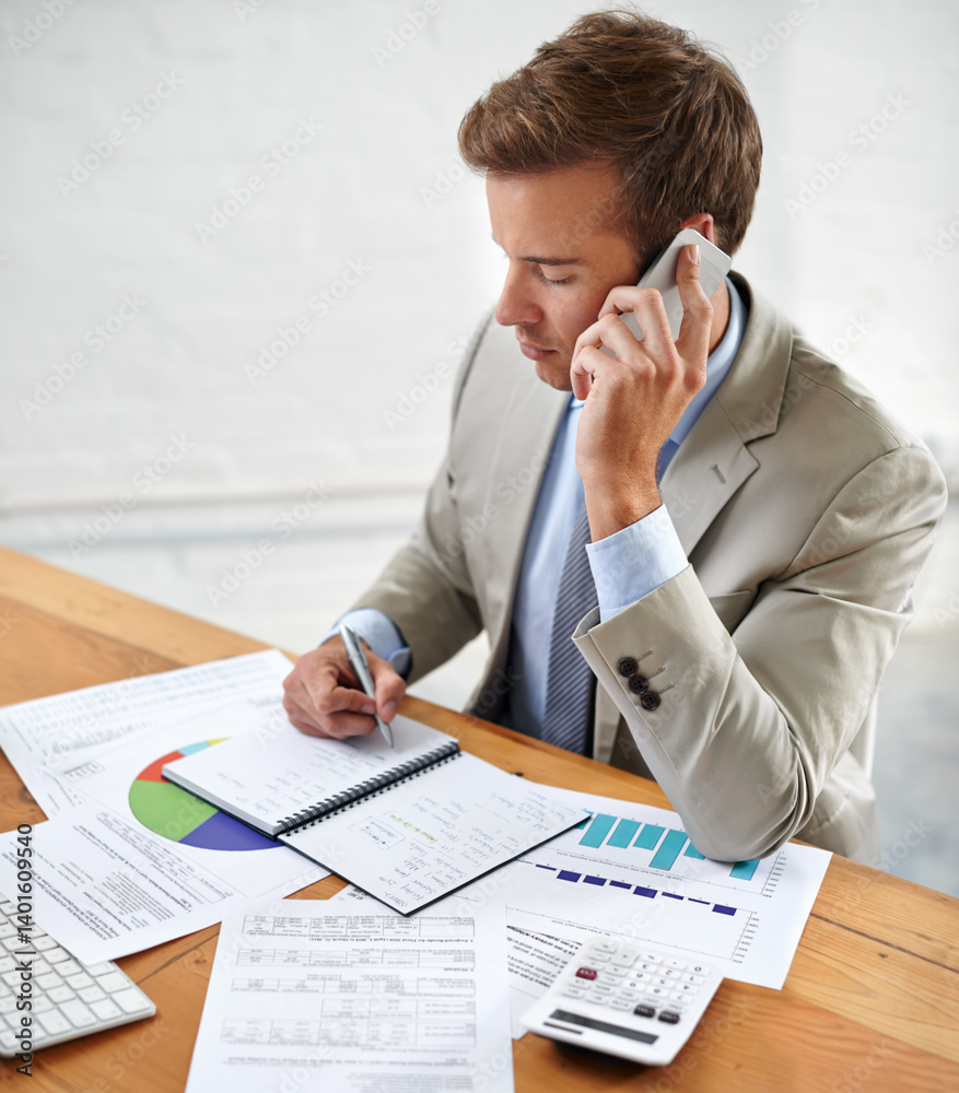 Poster business man, phone call and statistics, documents or writing notes for financial advice and plannin