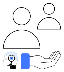 Minimalistic human figures, AI-informed head with circuits, and robotic hand symbolizing innovation, collaboration, and technology. Ideal for teamwork, AI, creativity, learning support networking