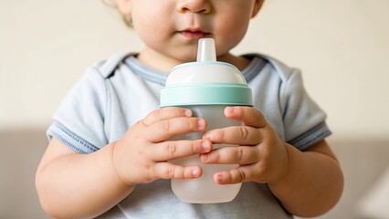 Cute Toddlers concept A toddler holds a sippy cup, displaying curiosity and innocence in a bright, soft setting.
