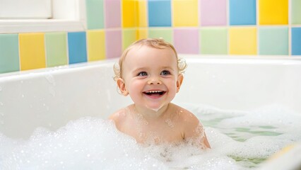 Cute Toddlers concept A joyful baby enjoying a bubble bath in a colorful bathroom setting.