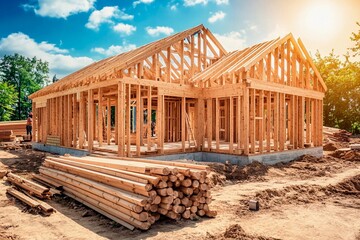 A wooden house is taking shape with its frame visible, surrounded by piles of logs. Workers actively engage in constructing the structure, showcasing a bright and productive day