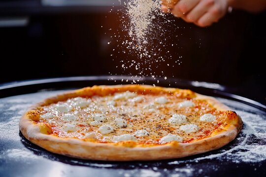 A person adds a sprinkle of cheese to a freshly baked pizza in a kitchen. The circular pizza is placed on a black tray with flour scattered around it, highlighting the cooking process