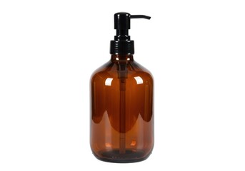 Amber glass bottle dispenser pump soap lotion liquid bath isolated on white background