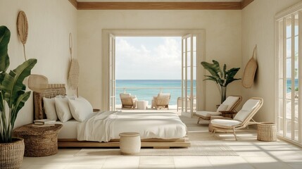 Beach resort room with light colors, sea-view balcony, and relaxing tropical elements