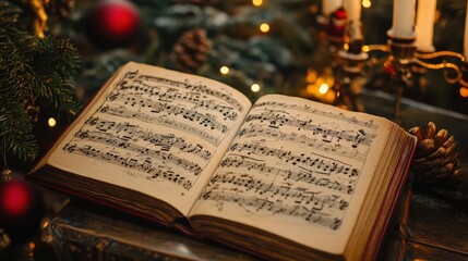 An open book of musical notes amidst holiday decorations