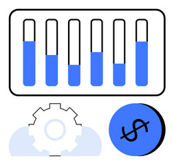 Six vertical bars with blue fill levels, gear symbol, and dollar icon. Ideal for finance, analytics, investments, business growth, budgeting productivity and strategic planning. Flat simple