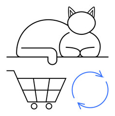 Black line art cat resting on surface, shopping cart icon, and blue circular arrows signifying recycling. Ideal for sustainability, shopping habits, animal care, simplicity, eco-consciousness