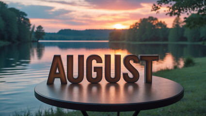 The word "August" displayed on a table, a beautiful sunset reflecting on a serene lake.