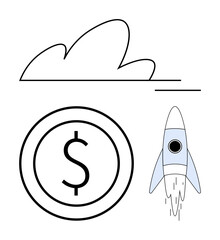 Dollar coin near ascending rocket and cloud symbolizing growth, success, innovation, investment, startups, technology, and futuristic goals. Ideal for business finance ambition themes. Minimal flat