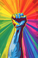 Human Rights and Equality: Raised Fist Against a Rainbow Backdrop